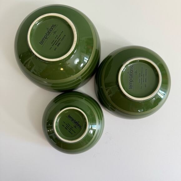 Temptations By Tara 3-Piece Set Nesting Bowls Dark Sleek Green Striped Ceramic